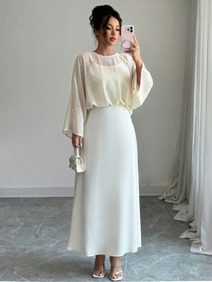 SHEIN Elenzya Đầm Maxi Tay Cánh Dơi Cổ Tròn Thanh Lịch Cho Nữ Mùa Hè - Màu be - Xem 1