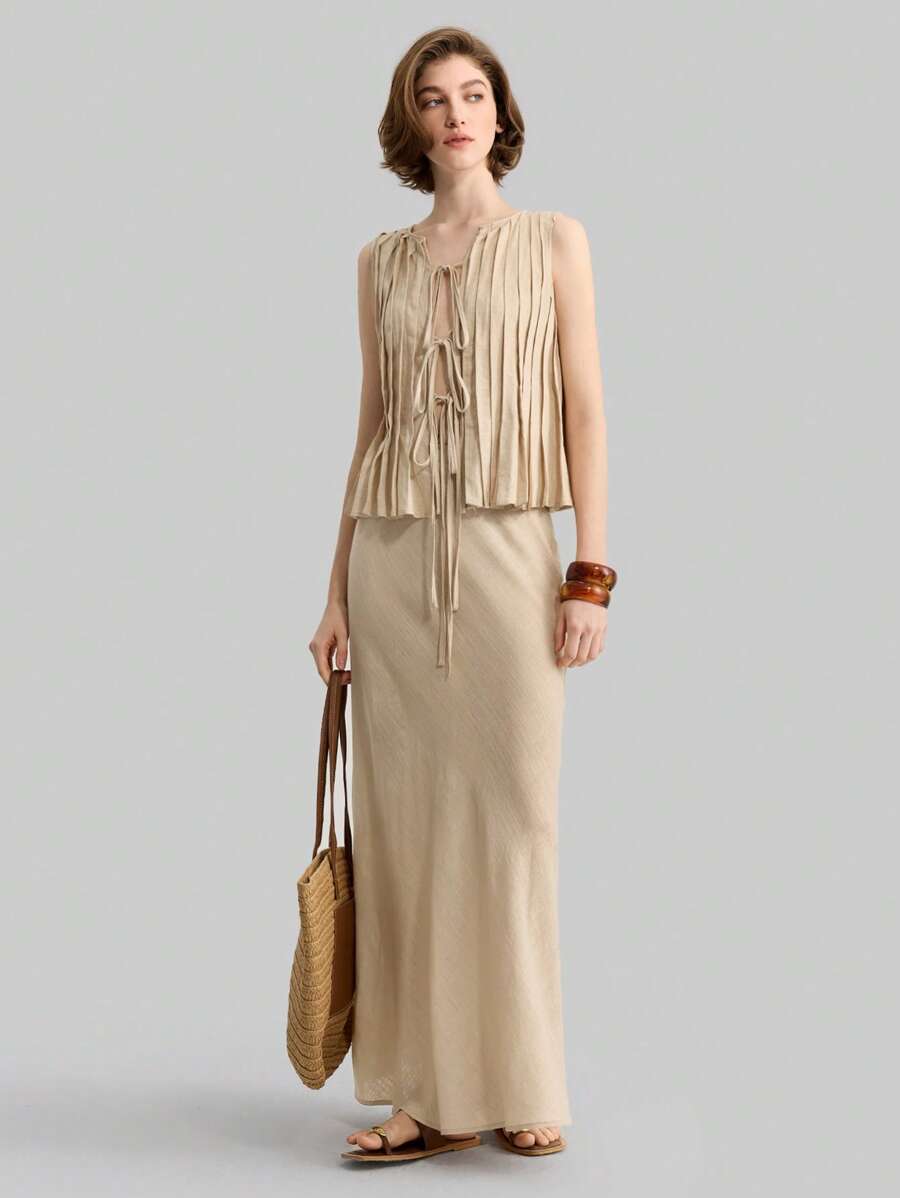 Ontre 2 件套女式卡其色褶皱系带腰吊带背心和 A 字裙套装，休闲都市通勤装，优雅夏日，简约百搭，宽松舒适