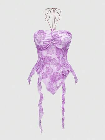 Fairycore Chaleco con estampado de paisley, cuello halter y bajo asimétrico para mujer
