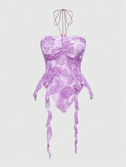 Fairycore Débardeur femme à col ras-du-cou, ourlet asymétrique, imprimé cachemire