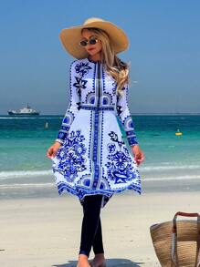 Swim Mulvari Vestido con cierre frontal con estampado de girasoles azul y blanco con estilo bohemio, con pantalones y mangas largas, conjunto casual elegante para primavera/verano, resort, playa