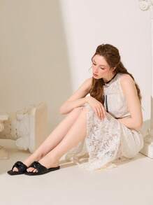 CUCCOO CHICEST Women's Summer New Knotted Design Square Toe Flat Elegant Casual Basic Comfortable Black Faux Leather Ladies Flat Sandals, Flip Flops, Beach Shoes, Versatile Resort Style For Hawaii Beach