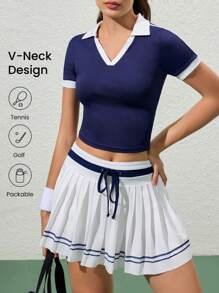 Easithlete Ladies Color Block Turndown Collar Short Sleeve Cropped Sports Polo Shirt - Multicolor - View 1