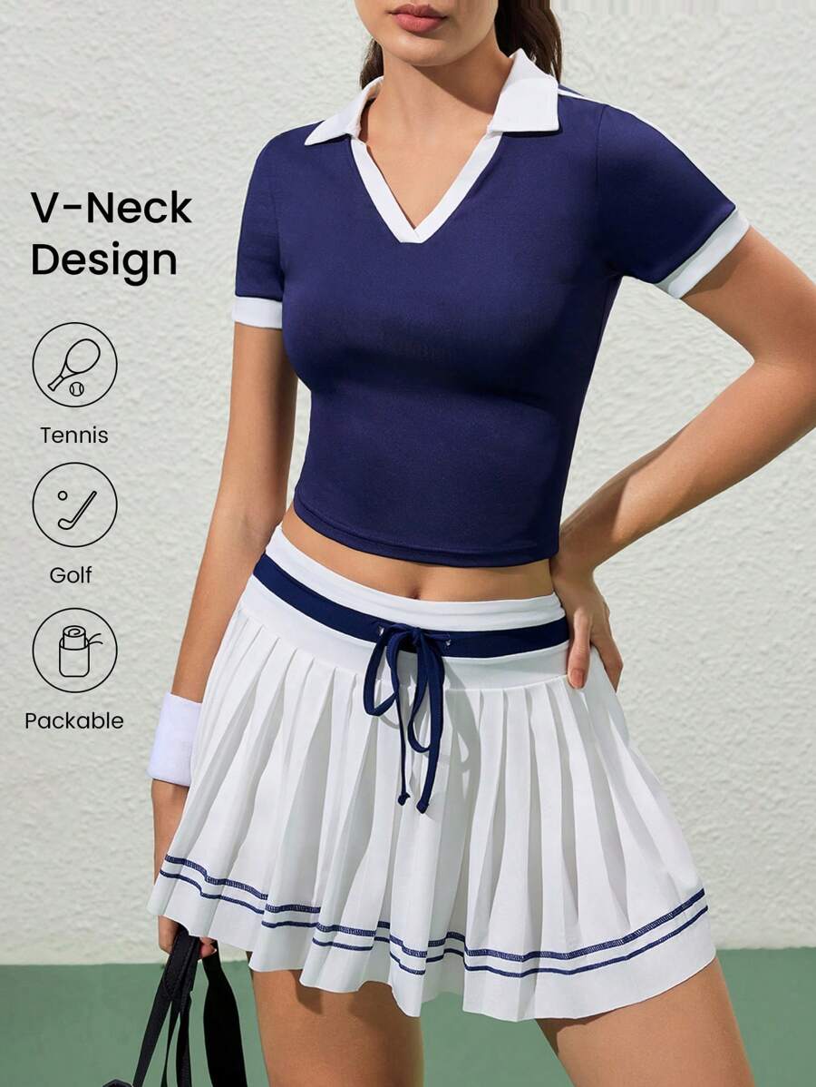 Easithlete Ladies Color Block Turndown Collar Short Sleeve Cropped Sports Polo Shirt - Multicolor - View 1