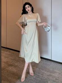 DAZY Elegant Solid Color Round Neck Ruffle Sleeve Long Dress For Women, Summer Prom Dress - Beige - View 9
