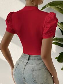 SHEIN SXY 女士夏季純色V領短泡泡袖T恤連身衣 - 酒紅色 - 查看 2