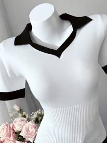 SHEIN LUNE Damen Strickpullover mit einzigartigem Design, ärmellos, Schleife und Rüschensaum - Schwarz und Weiss - Übersicht 3