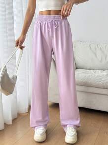 SHEIN EZwear Spring Purple Solid Drawstring Waist Sweatpants Graduation,Back To School Outfits,Graduation,Teacher Outfits For Women,Back To School - Purple - View 5
