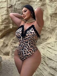 Swim SXY 大码豹纹肩带连体泳衣，夏季时尚 - 彩色 - 查看 3