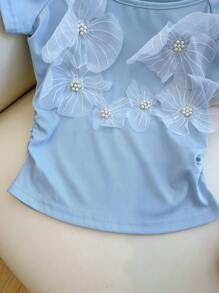 Franclia Elegant Square Collar 3D Floral Ruffle Fitted Short Sleeve T-Shirt - Blue - View 6