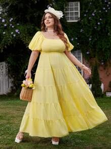 Flirla 大码女式复古泡泡袖荷叶边腰可爱优雅灯笼袖迷你连衣裙，方领，面料拼接长裙，适合春夏派对和旅行 - 黃色 - 查看 6