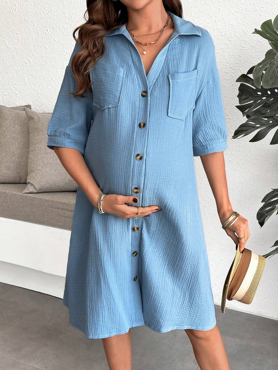 SHEIN Maternity Shirt Collar Button-Up Dress With Pockets, Short Sleeve, 100% Cotton