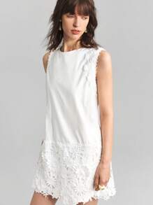 Ontre Váy ngắn không tay cổ tròn phối ren màu trơn cho nữ, váy nghỉ dưỡng, váy phong cách Bohemian, váy mùa hè, váy lễ Phục sinh, váy thanh lịch cho nữ, váy đen, váy sinh nhật, váy đi biển, váy lễ Phục sinh, váy thường ngày - trắng - Xem 1