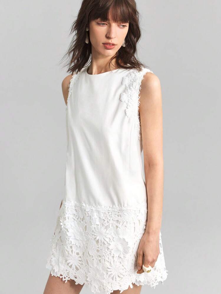 Women's Solid Color Lace Patchwork Round Neck Casual Sleeveless Mini Dress, Resort Dress, Bohemian Style Skirt, Summer Skirt, Easter Dress, Elegant Women's Dress, Black Dress, Birthday Dress, Beach Dress, Easter Dress, Casual Dress