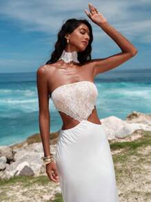 Opulessa Women's Solid Color Woven Contrast Lace Backless Dress - White - View 6