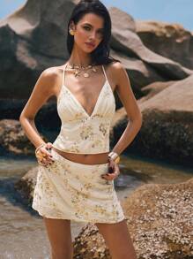 Poéselle 亮片刺绣露背短款上衣和裙子套装 - 海滩派对两件套服装、露背夏季套装、度假服装、海滩派对连衣裙、女士两件套服装、夏季套装、亮片裙子套装、女士节日服装、Y2k 时尚、波西米亚风海滩套装海岛度假服装