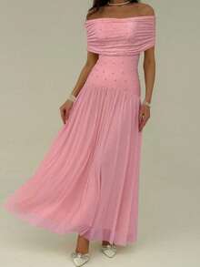 Aloruh Women's Elegant Solid Beaded Off Shoulder Maxi Dress For Summer - Pink - View 4