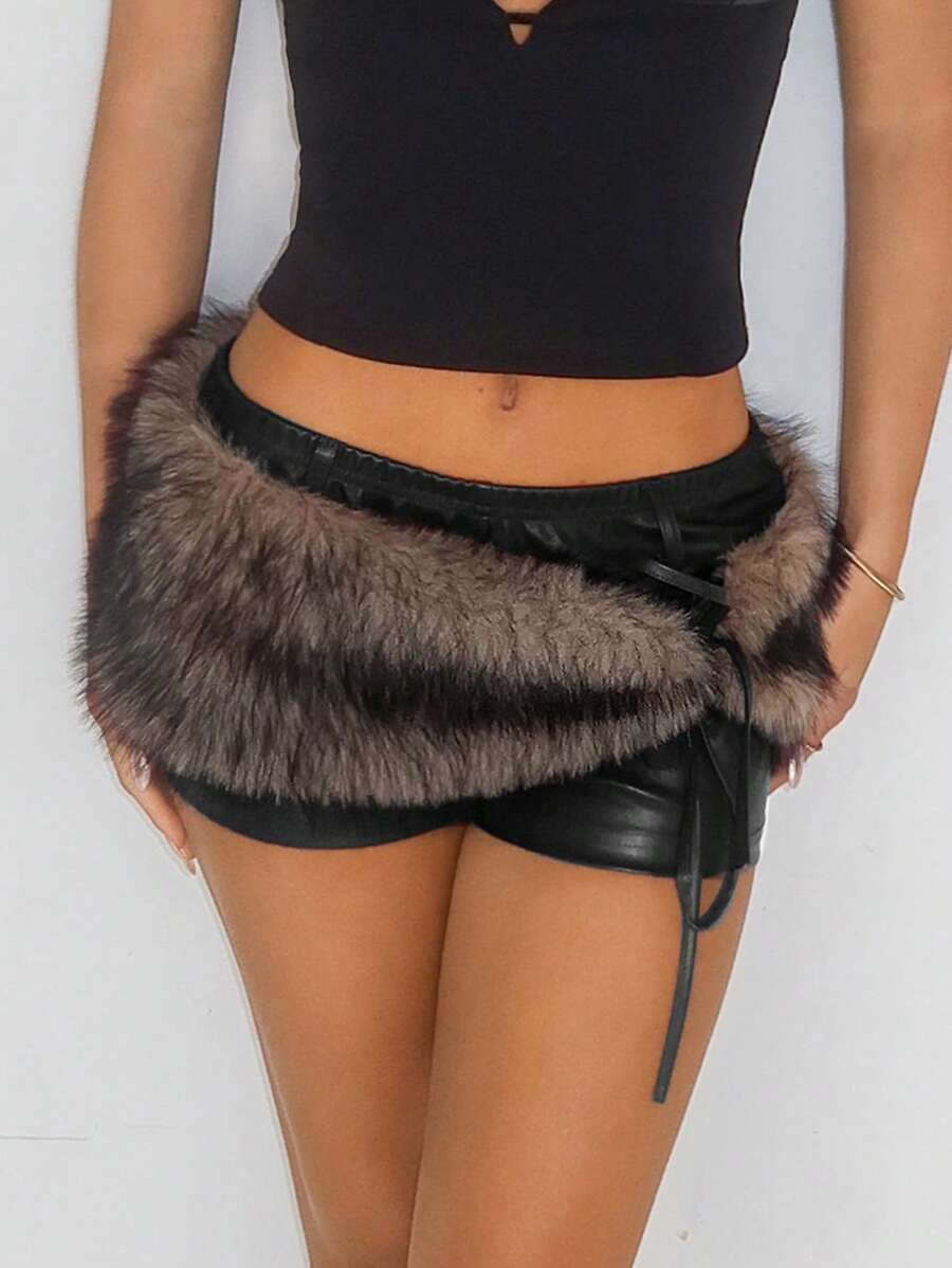 SHEIN ICON Women Stylish Low-Rise PU Leather Patchwork Faux Fur Shorts,Low Rise Shorts - Black - View 1