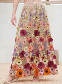 Aveloria Rosie Elegant Ladylike Embroidered Net Jacquard Flare Skirt For Women Boho Vacation Fashionable Style For Spring Fall - Beige - View 4