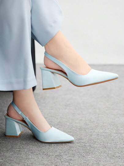 CUCCOO BIZCHIC 时尚浅蓝色缎面尖头粗跟高跟鞋，适合通勤、约会、派对、活动