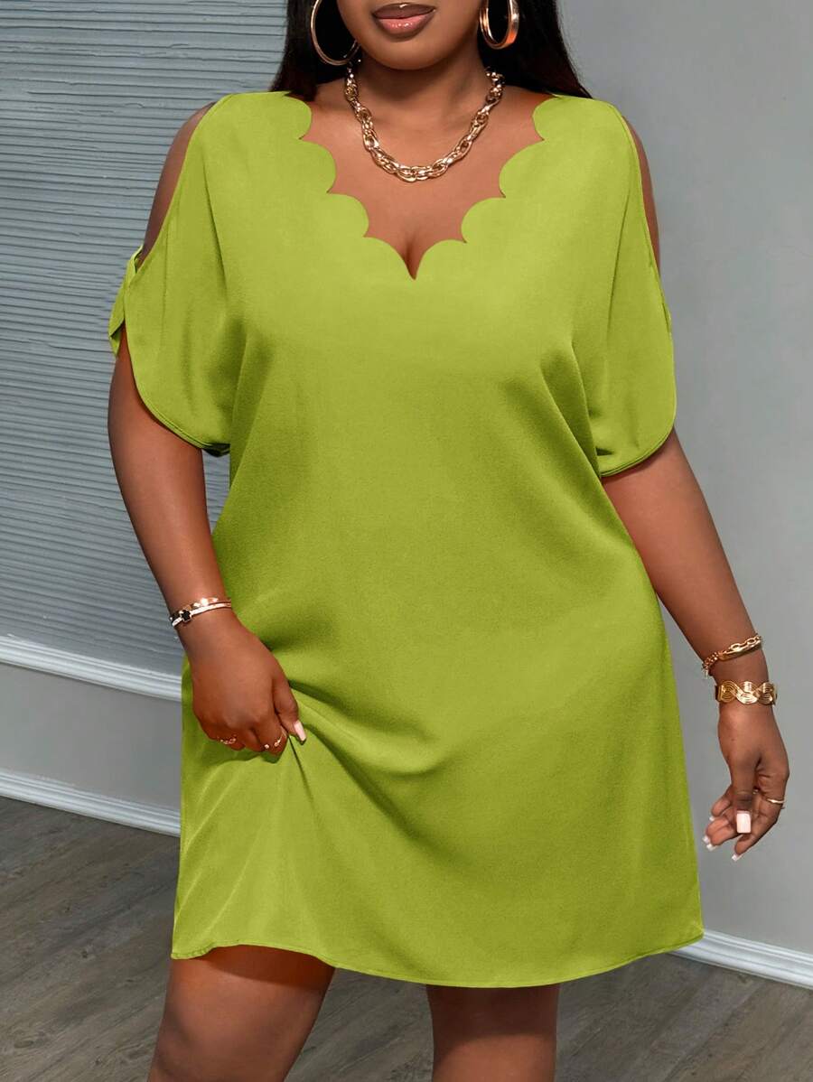 Slaydiva Váy cỡ lớn có tay áo khoét rỗng và cổ áo viền sò - màu xanh lá - Xem 1
