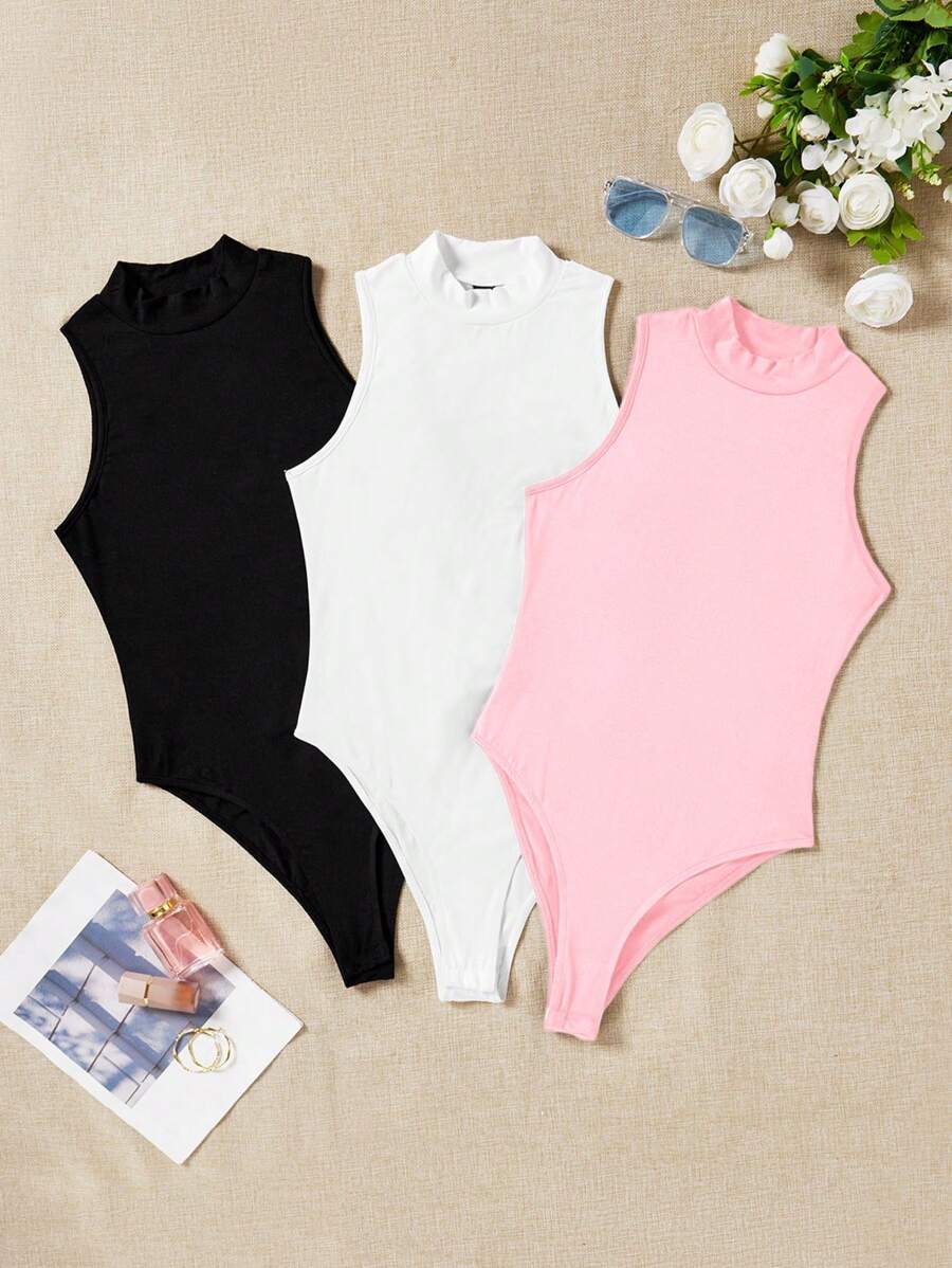 SHEIN EZwear 3 件套女式高领紧身衣，黑色、白色和粉色，休闲紧身连体衣，适合春夏季 - 彩色 - 查看 1