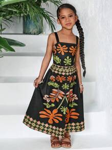 SHEIN 2pcs Young Girl Knit Ditsy Floral Camisole And Woven Mini Skirt Set - Black - View 5