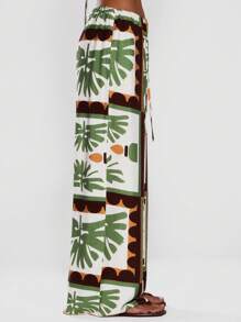 MUSERA 印花图案阔腿亚麻质感系带腰裤，夏季度假机场穿搭，时尚优雅 - 綠色 - 查看 3