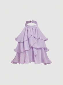 SHEIN MOD Lilac Multi-Layered Ruffle Crop Top, Cute Tops, Elegant Shape, Backless Top, New Years Top, Party Tops Women, Women's Casual Front Button Wide Strap Minimalist Top For Everyday Wear, Vintage , Women Clothes, Look Valentine's Day