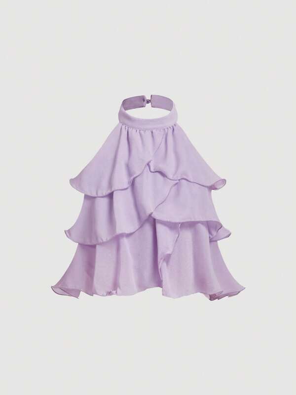SHEIN MOD Lilac Multi-Layered Ruffle Crop Top,Cute Tops,Tube Tops Women,Elegant Shape,Backless Top,New Years Top,Party Tops Women,Off The Shoulder Top,Women's Casual Front Button Wide Strap Minimalist Blouse For Everyday Wear,Vintage Outfits, Women Clothes, Look Valentine's Day