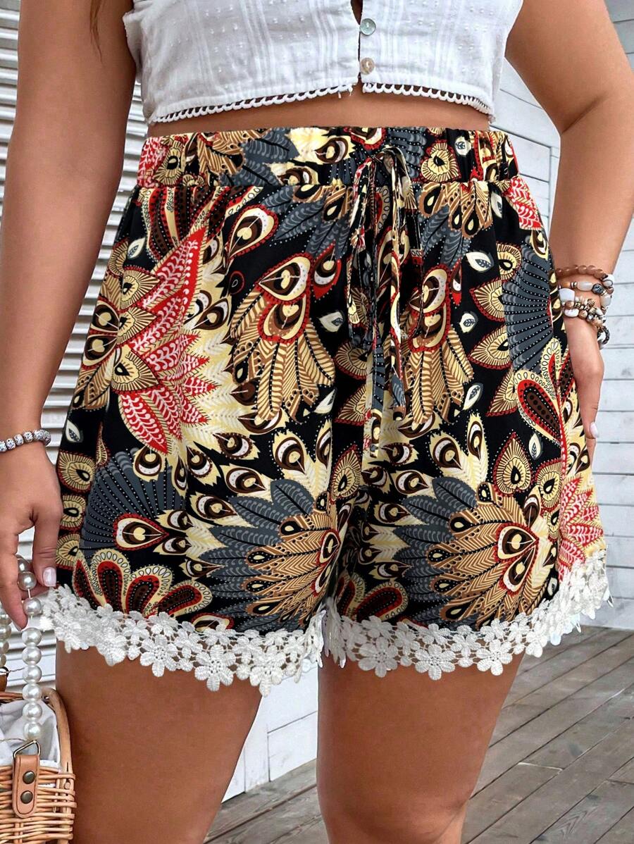 Breezaya Regular Plus Size Bohemian Printed Contrast Lace Shorts - Multicolor - View 1