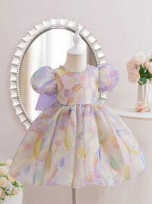 Girls Beaded Colorful Mesh Puff Sleeve Princess Dress With Bow Back Decor, Purple Ditsy Floral Summer Party Gown For Children Baby Girl Dress Elegant Flower Girl Dress Baby Girls Partywear Baby Girl Party Dress Birthday Dresses For Girls Bow Dresses For Girls