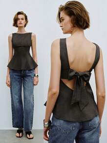 Lumivelle 女式蝴蝶结装饰下摆吊带背心，适合中国新年，露背上衣 - 深灰色 - 查看 1