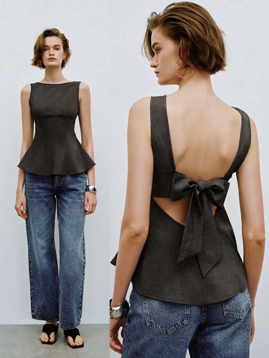 Lumivelle 女式蝴蝶结装饰下摆吊带背心，适合中国新年，露背上衣 - 深灰色 - 查看 1