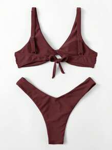 Swim Basics Bộ đồ tắm bikini hai mảnh màu trơn đi biển mùa hè - Cà phê nâu - Xem 2