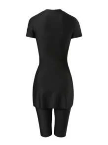 Swim Mulvari 2pcs/Set Women Conservative Vacation Style Round Neck Zipper Swimsuit Top And Elastic Waist Short Swimwear Bottom Burkini Set For Summer - Black - View 7