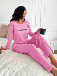 EURMUSE 100% Cotton Women's Round Neck Letter Print Long Sleeve Top And Pants Pajama Set - Pink - View 3