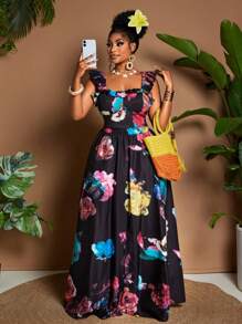 Maweii Plus Size Women Elegant Fashionable Colorblock Printed Fabric Waist Cinched A-Line Hem High Slit Stylish Ruffle Collar 2-Piece Set - Black - View 5