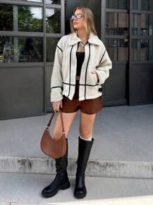 SHEIN Cottnline Women's Solid High Rise PU Shorts Simple Fashionable Daily Casual - Brown - View 3