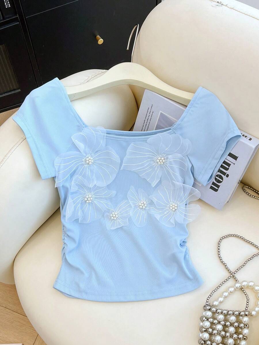 Franclia Elegant Square Collar 3D Floral Ruffle Fitted Short Sleeve T-Shirt - Blue - View 1