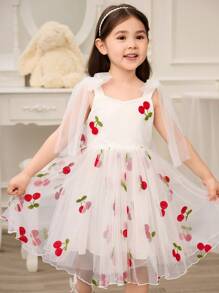 SHEIN Glamorique Kids Flower Girl, Little Girl, Princess Dress, Cherry Embroidered Mesh, Fluffy And Connected Clothes, Big Bow, White Mesh Suspender Dress, Birthday Party, Wedding, Holiday Dress, European And American Seasonal Dress, Easter, Summer, Vestido Elegance Para Fiesta - White - View 4