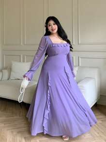 Feyla Plus Size Women Solid Color Ruffle Edge Square Neck Flare Sleeve Elegant Dress - Mauve Purple - View 3