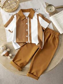 SHEIN 2 piezas de outfit casual de verano - 1 camisa de manga corta con estampado de rayas verticales y digital con color contrastante, combinada con pantalones casuales sólidos marrones. Presenta sencillez y elegancia, adecuado para uso diario, escuela, viajes y ocio en las temporadas de primavera/verano. Escapada, vacaciones, viaje, relajación, tomar el sol, verano - Marrón - Ver 4