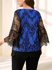 EMERY ROSE Plus Size Women's Elegant Commuting Black Lace Trumpet Sleeve Top Ribbon Tie Waist Autumn Women's Tops Women Blouses Plus Size  Fall Women Clothes Fall Clothes For Women Wedding Guest Dress Elegant