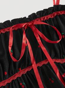 SHEIN MOD Plus Size Women Cherry Print Ruched Tie Bow Camisole - Black - View 3