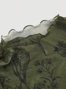 SHEIN MOD Plus Size Retro Print Turtleneck Slim Fit Top Women Summer Clothing Woman S Summer Clothes Women Clothing Tops Summer Clothes Women Tops Women S Tops - Army Green - View 3