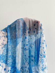 Soleia Damen große Größen Retro Blume Muster Patchwork Strick Mesh Offene Front Knotenaille Glockenärmel Top