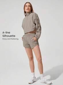 GLOWMODE 编织透气高腰提臀跑步短裤，带口袋，低冲击休闲日常健身夏季 - 卡其色 - 查看 3