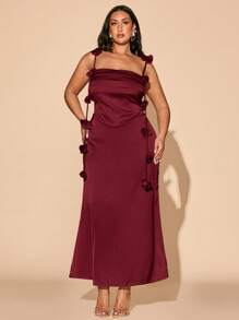 SHEIN BAE 加大码女式杏色/香槟色垂坠领缎面 3D 花卉优雅性感露背长裙，适合音乐会、夏季、度假、休闲、商务休闲、西装、办公室、婚礼、俱乐部、毕业典礼、早午餐、春季、复活节、生日女士礼服 - 酒紅色 - 查看 4