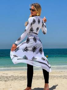 Swim Mulvari Women's Vintage Boho Pattern Mesh 3 Pieces Set - Long Sleeve Cover-Up, Long Pants, And Bikini Bottom, Elegant Casual Outfit For Spring/Summer Holiday, Beach Party - Multicolor - View 2